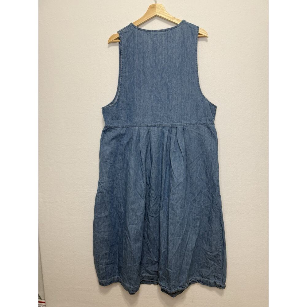 VTG Denim Jean Jumper Dress Floral Embroidered L Prairie Modest Cottage Grandma - Picture 6 of 7
